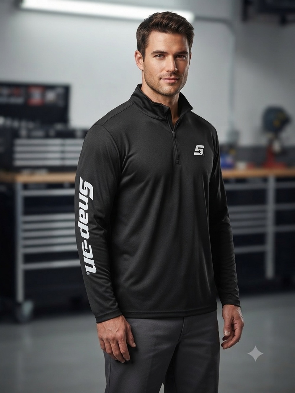 Snap Black Men's Quarter-Zip Performance Pullover with White Sleeve Logo